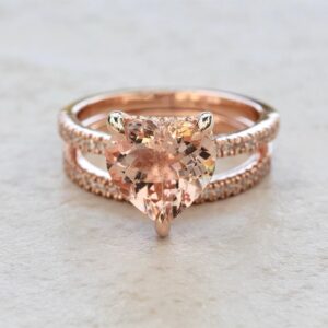 Heart Morganite Bridal Set, Fang Prongs, Hidden Diamond Halo And Band, Lifetime Care Plan Included, Genuine Gems And Diamonds Ls7409