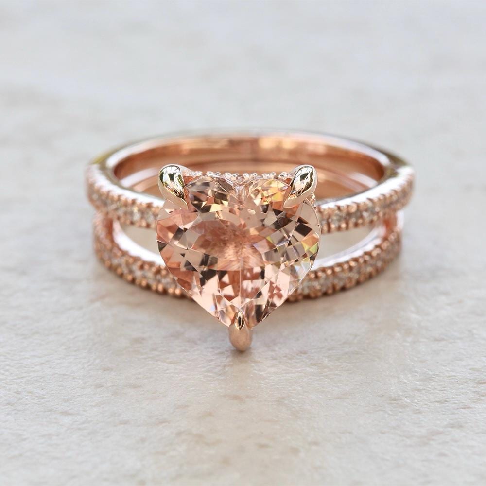 Heart Morganite Bridal Set, Fang Prongs, Hidden Diamond Halo And Band, Lifetime Care Plan Included, Genuine Gems And Diamonds Ls7409
