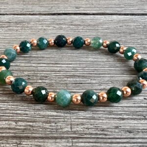 6mm Aaa Grade Faceted Moss Agate + Natural Untreated Copper Stacking Bracelet, Improve Energy Flow, Heart Chakra, New Beginnings, Abundance