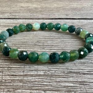 6mm Aaa Grade Faceted Moss Agate Stacking Bracelet, Meditation Wrist Mala For New Beginnings, Abundance, Prosperity, Strength, Heart Chakra,