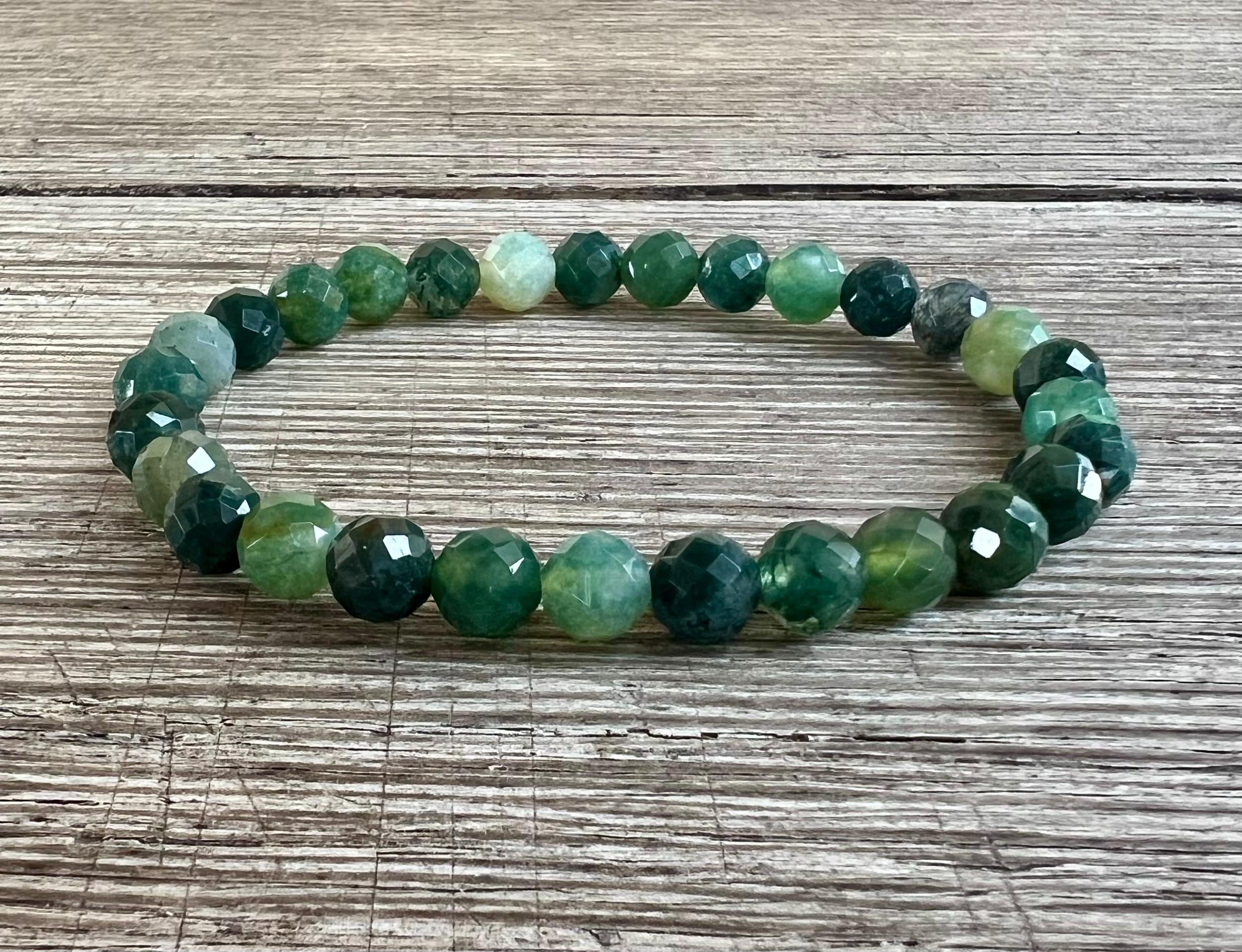 6mm Aaa Grade Faceted Moss Agate Stacking Bracelet, Meditation Wrist Mala For New Beginnings, Abundance, Prosperity, Strength, Heart Chakra,
