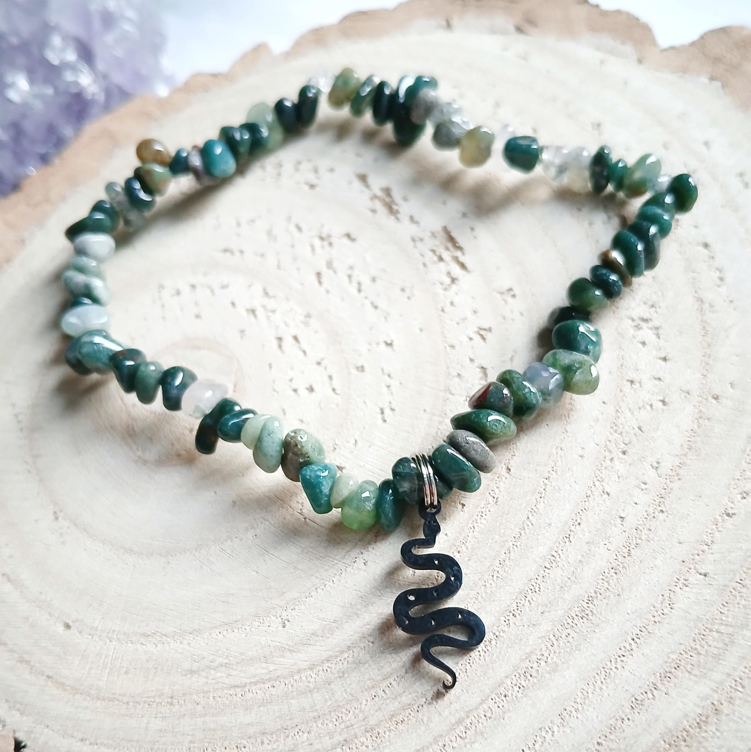 Moss Agate Black Mystic Snake Bracelet - Earth Element - Good Health