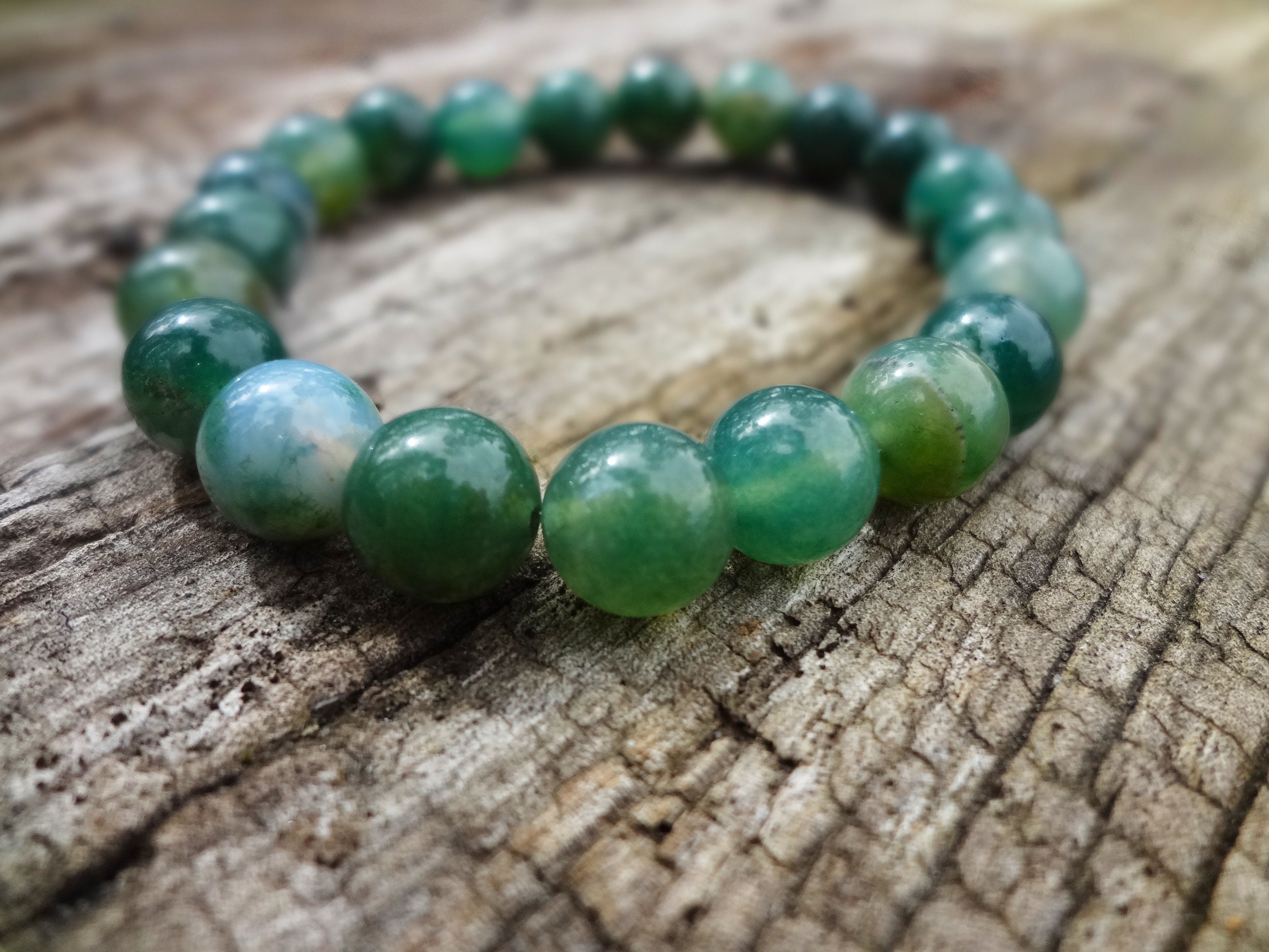 Moss Agate Bracelet. Bohemian Chic Natural Forest Green Elastic Bracelet Handmade In Australia By Miss Leroy