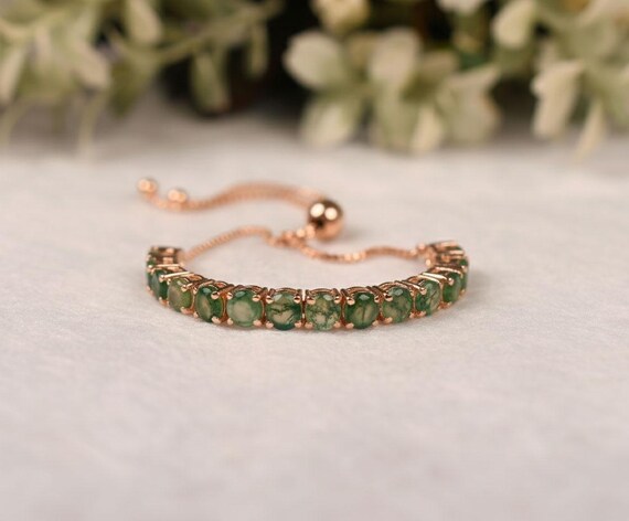 Moss Agate Bolo Bracelet, Women Adjustable Bracelet, Bridal Jewelry, Anniversary Gifts