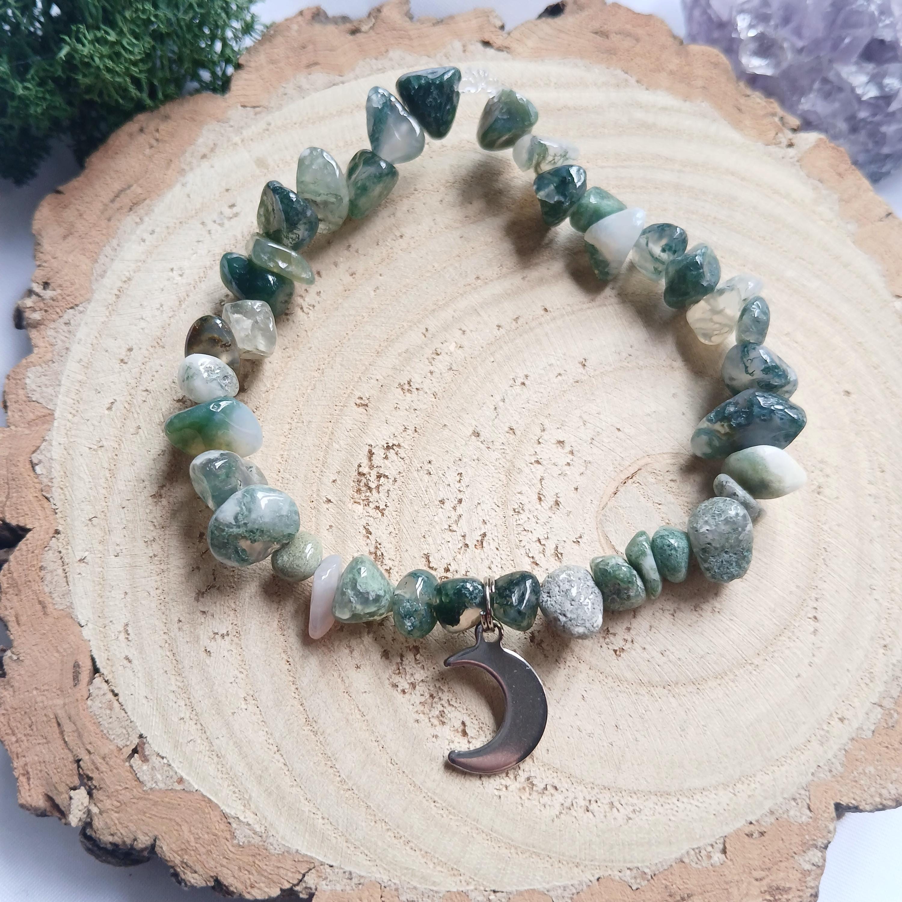 Moss Agate Crescent Moon Whimsical Gemstone Bracelet