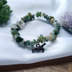 Crow Raven Morrigan Moss Agate Crystal Chip Bracelet - Healing