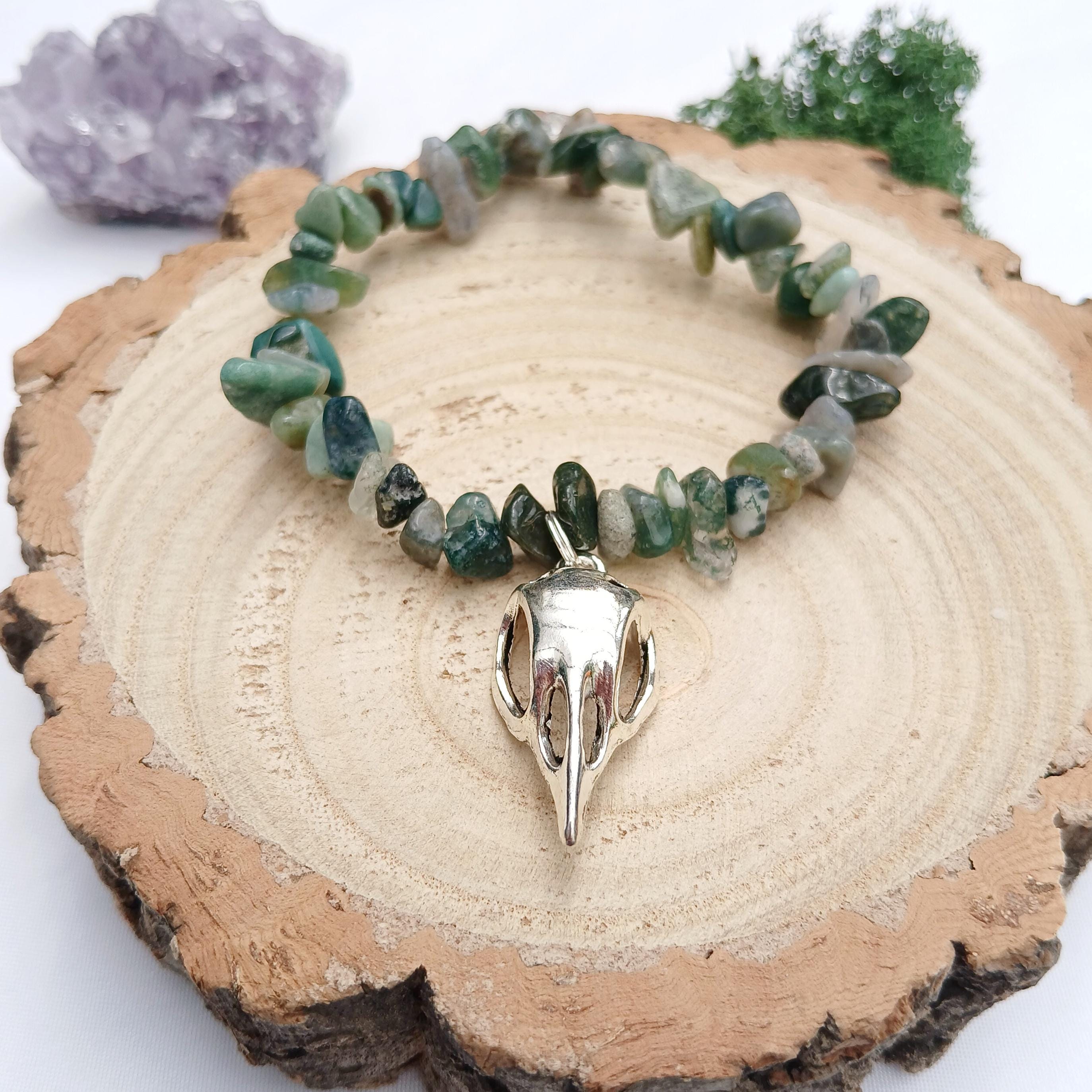 Crow Raven Skull Moss Agate Crystal Chip Bracelet - Healing