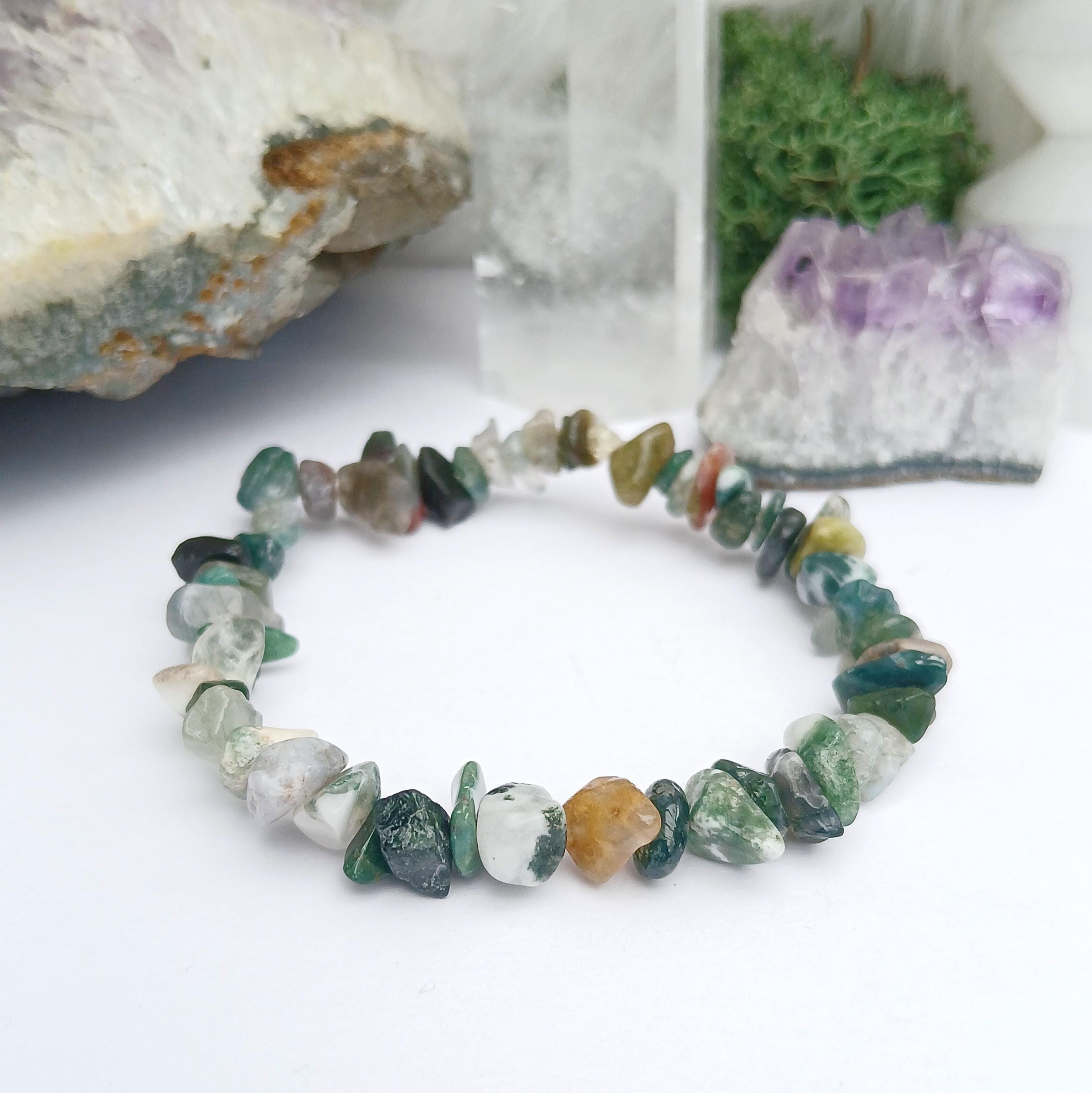 Moss Agate Crystal Bracelet: Elastic Beaded Gemstone Moss Agate Crystal Bracelet: Elastic Beaded Gemstone