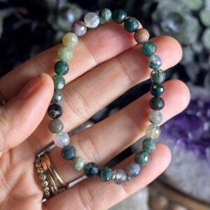 Faceted Moss Agate Bracelet, Crystal Beaded Stretch Bracelet (6mm)