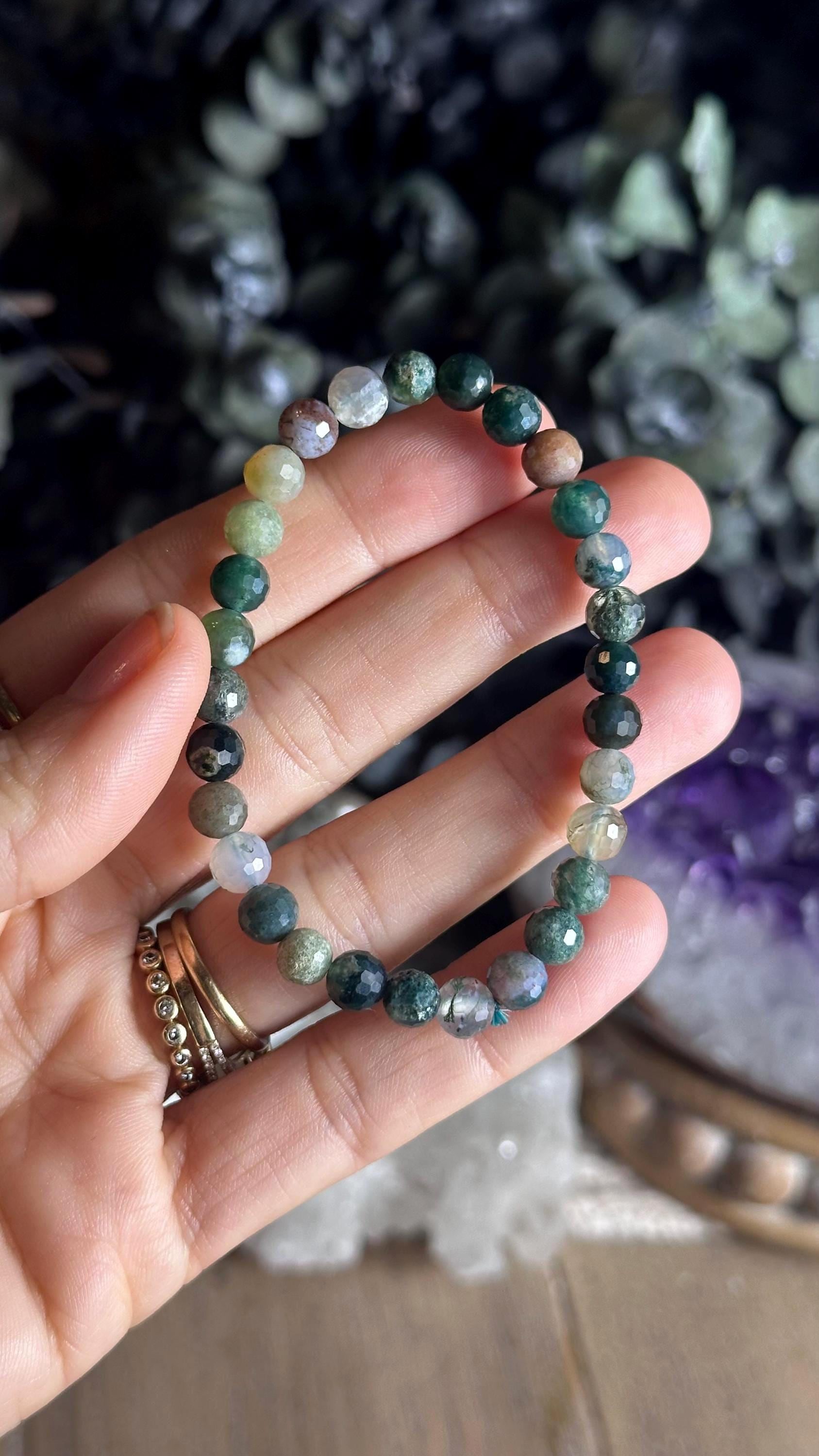 Faceted Moss Agate Bracelet, Crystal Beaded Stretch Bracelet (6mm) Faceted Moss Agate Bracelet, Crystal Beaded Stretch Bracelet (6mm)