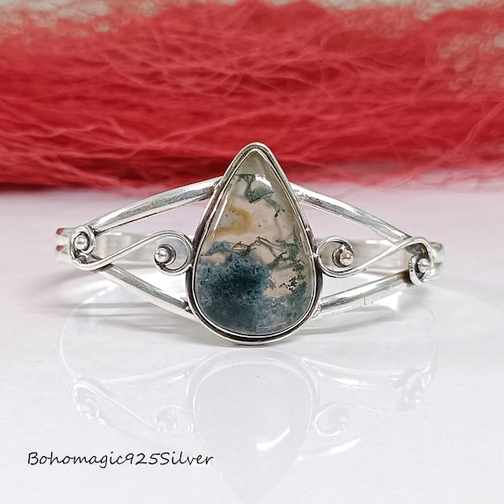 Handmade Moss Agate 925 Sterling Silver Bangle Bracelet