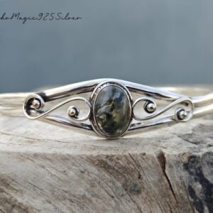 Handmade Moss Agate 925 Silver Bangle: Adjustable Cuff Bracelet Handmade Moss Agate 925 Silver Bangle: Adjustable Cuff Bracelet