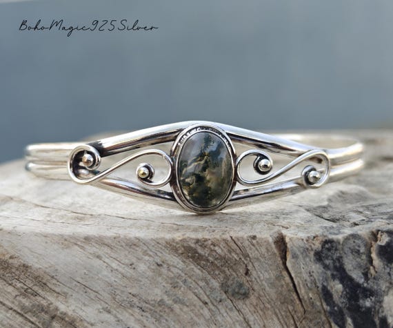 Handmade Moss Agate 925 Silver Bangle: Adjustable Cuff Bracelet