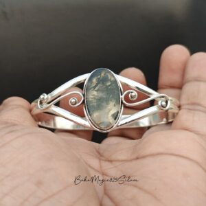 Handmade Moss Agate Bangle: 925 Sterling Silver Adjustable Jewelry Handmade Moss Agate Bangle: 925 Sterling Silver Adjustable Jewelry