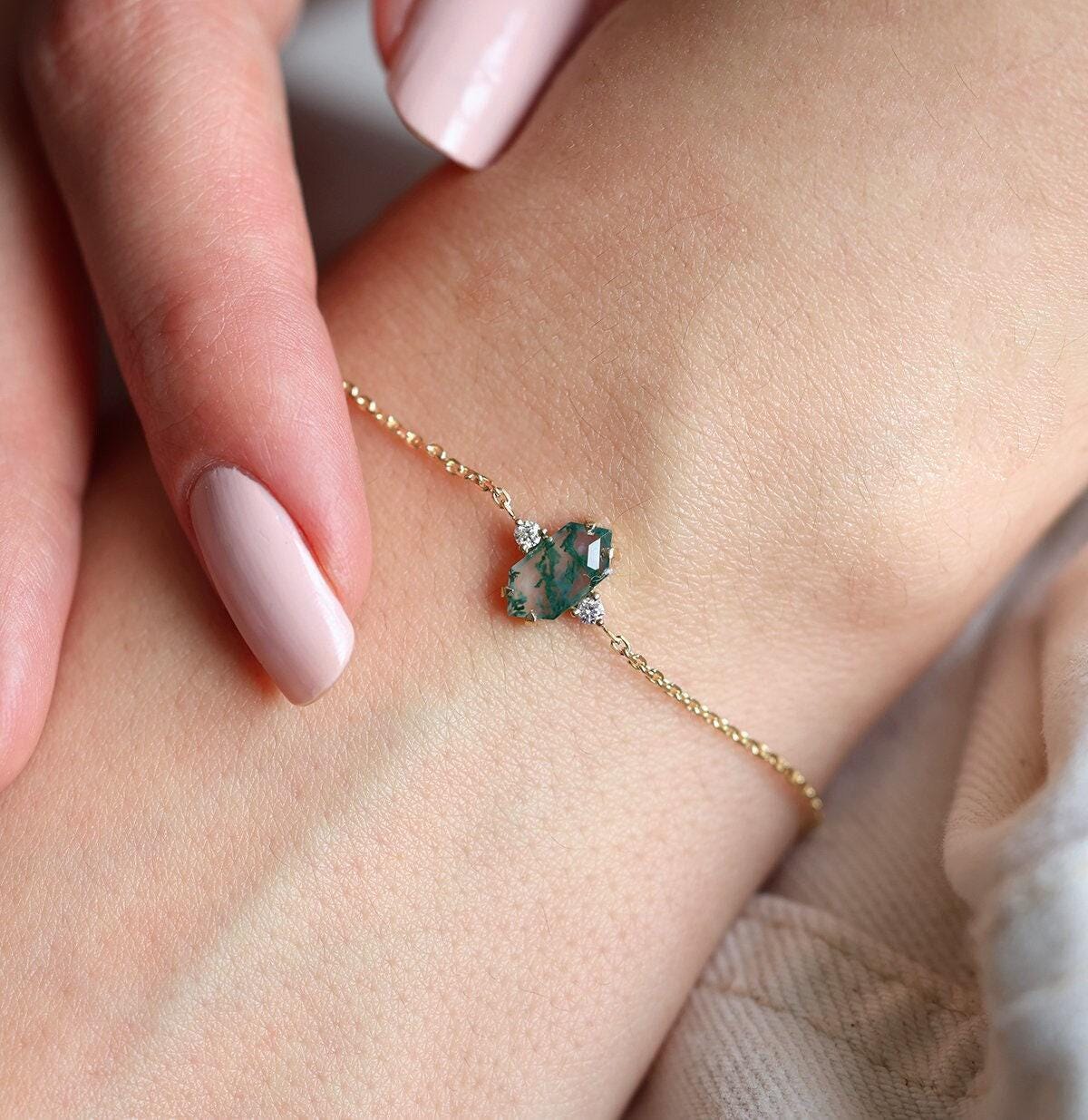 Hexagon Moss Agate Bracelet, Unique Moss Agate Bracelet 14k Gold