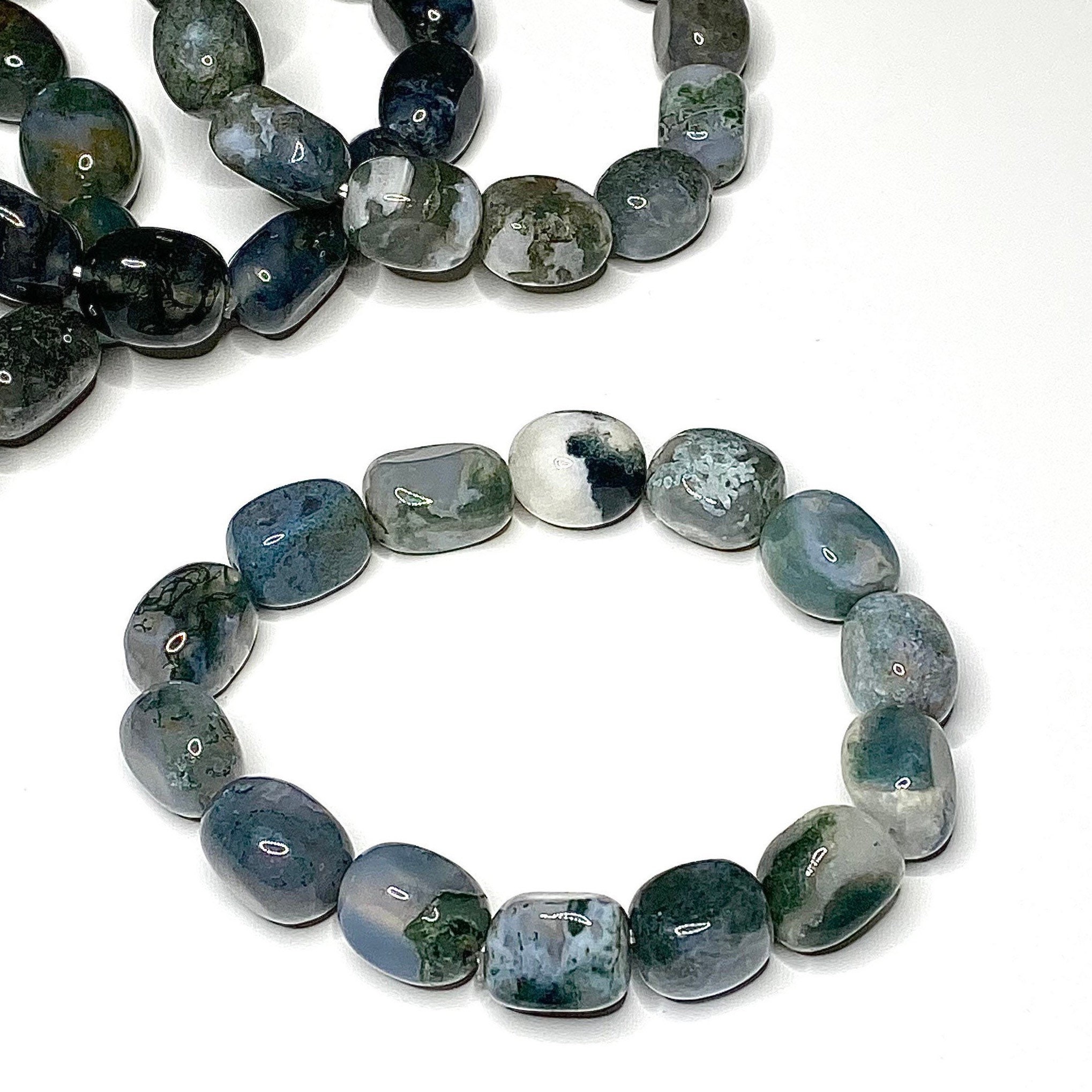 Moss Agate Jelly Bean Bracelet: Tumbled Gemstone Beaded Bracelet Moss Agate Jelly Bean Bracelet: Tumbled Gemstone Beaded Bracelet