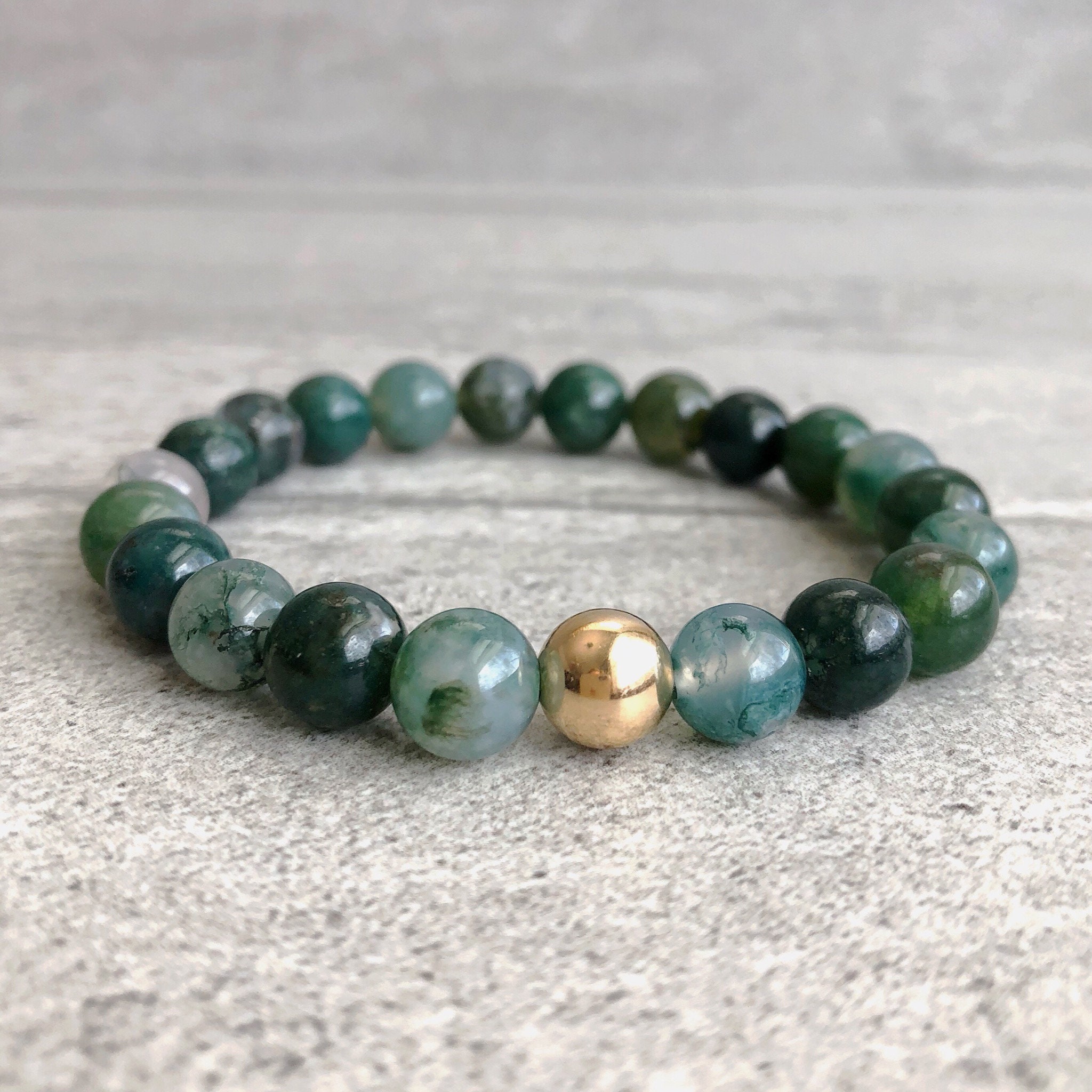 Moss Agate Bracelet | Natural Healing Stone Jewelry | Gold Energy Bracelet For Women, Men | Stretchy Green Agate Bead Bracelet