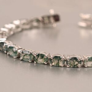 Oval Moss Agate Tennis Bracelet – 925 Sterling Silver, Bridal Jewelry