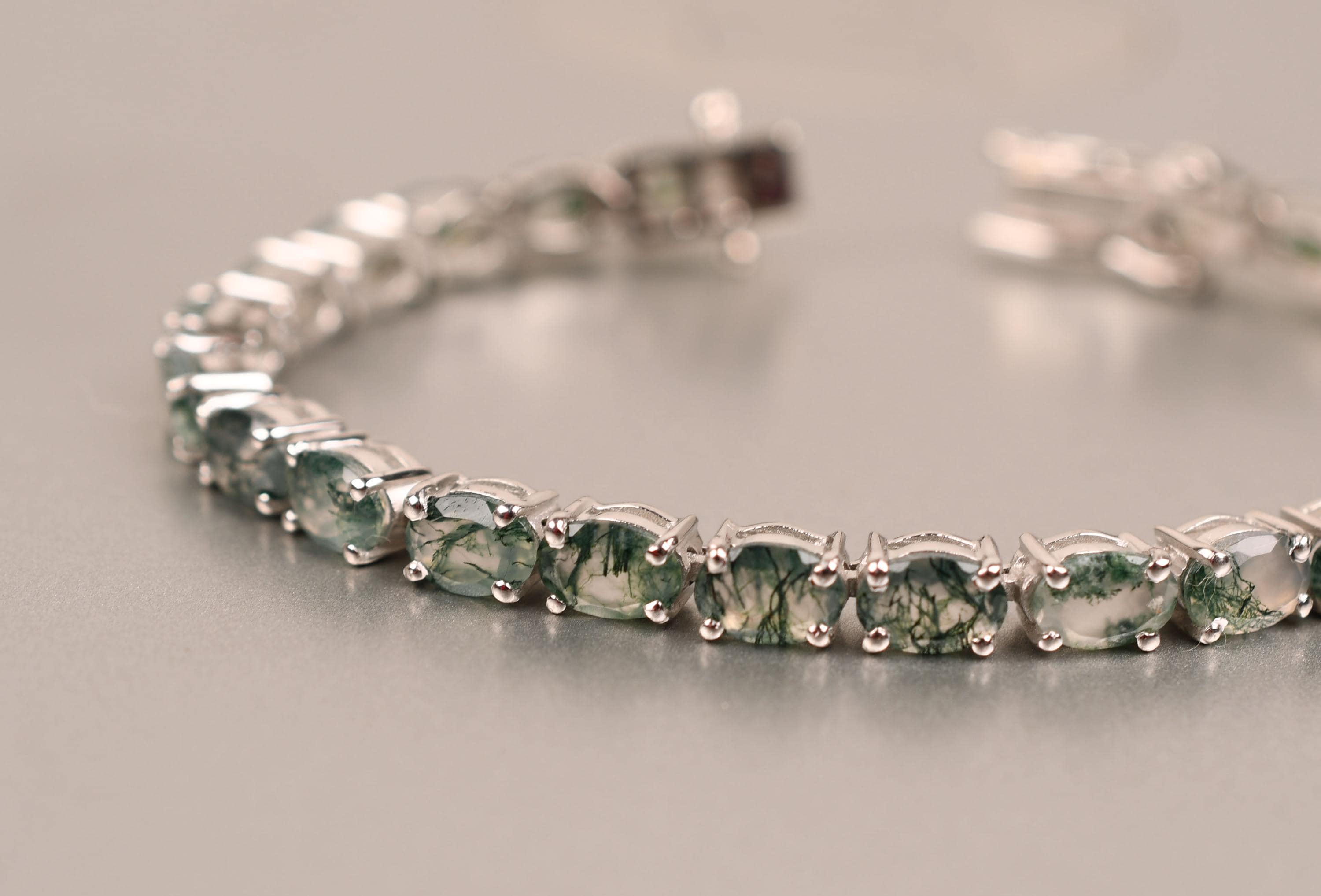 Oval Moss Agate Tennis Bracelet – 925 Sterling Silver, Bridal Jewelry
