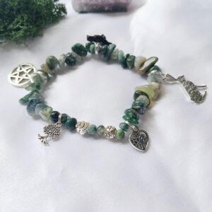 Pagan Moss Agate Charm Bracelet - Hare Crow Pentacle Tree - Summer Solstice - Litha Pagan Moss Agate Charm Bracelet - Hare Crow Pentacle Tree - Summer Solstice - Litha