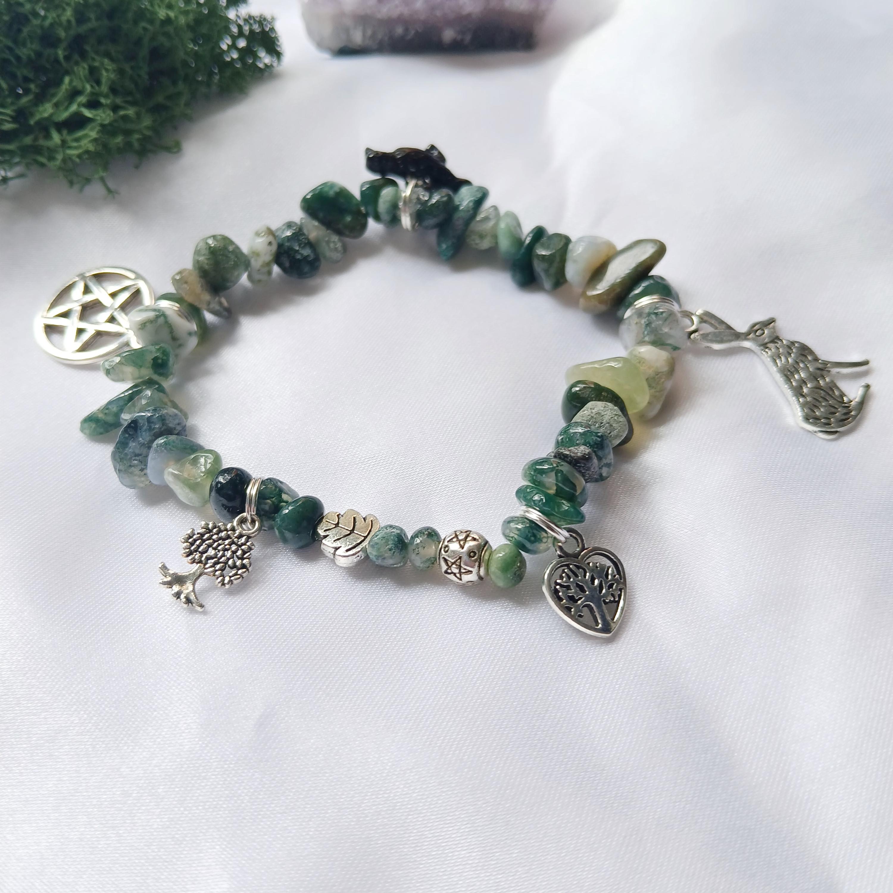 Pagan Moss Agate Charm Bracelet - Hare Crow Pentacle Tree - Summer Solstice - Litha