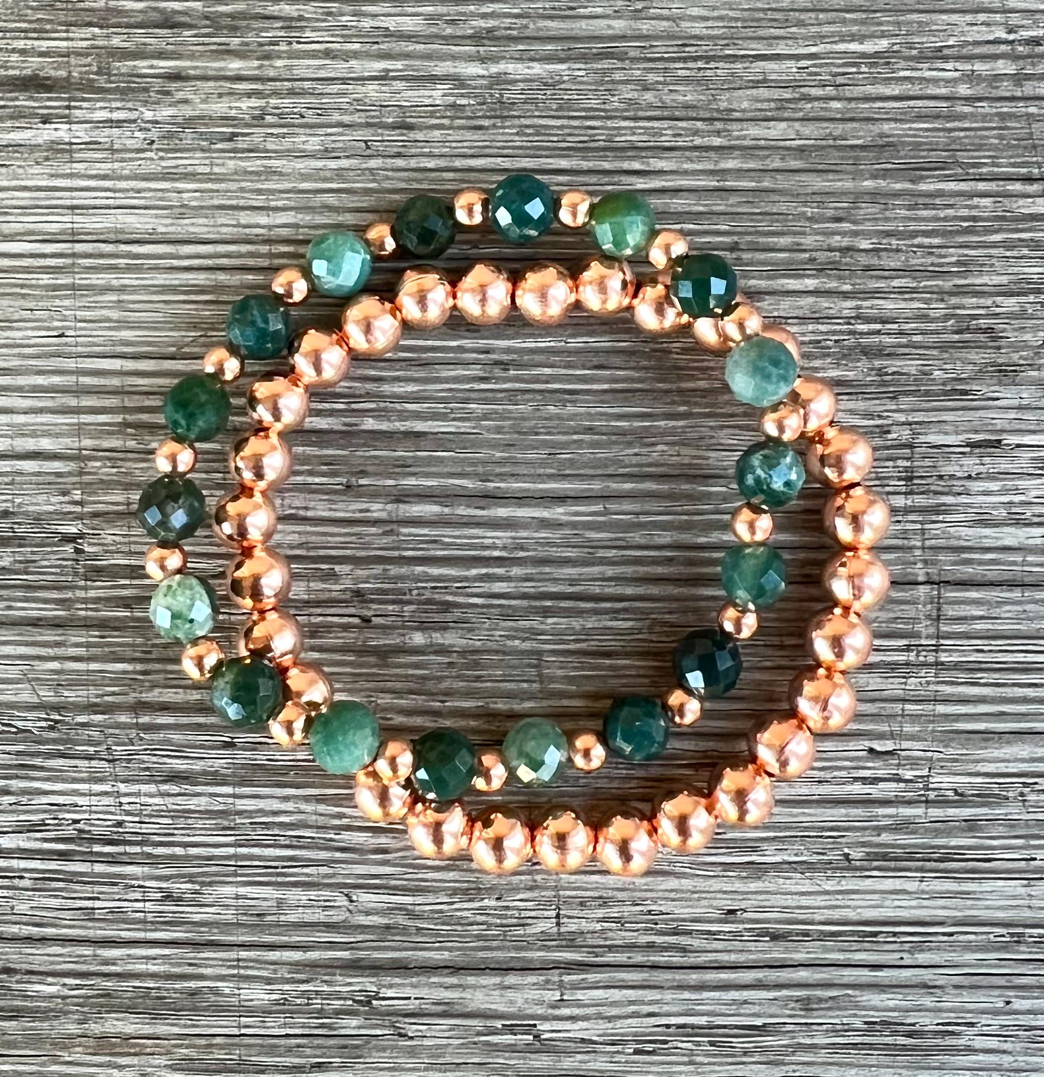 Bracelet Pair, 6mm Aaa Grade Faceted Moss Agate + Natural Untreated Copper Bracelet Duo, Improve Energy Flow, Heart Chakra, New Beginnings