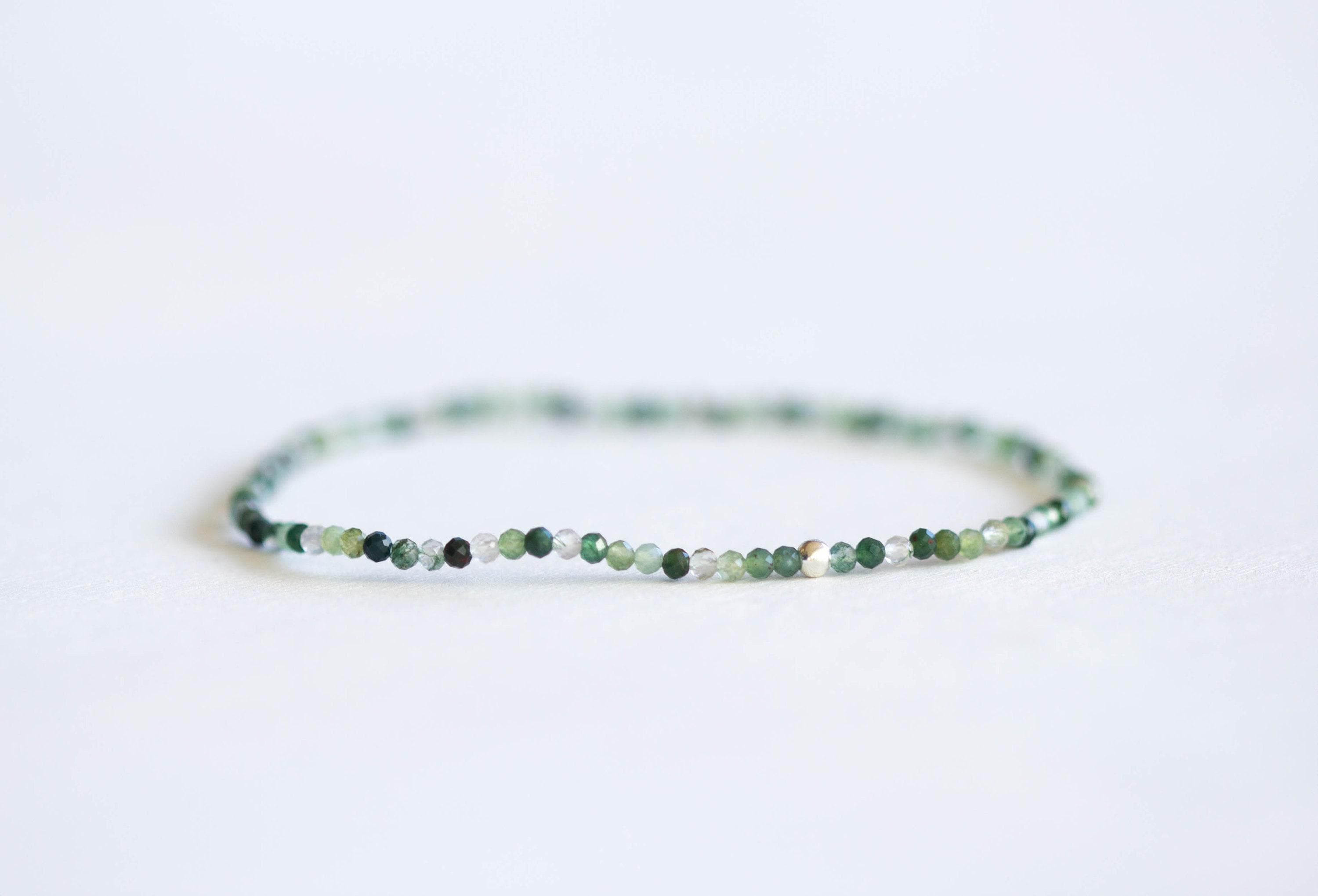 Moss Agate Stretch Bracelet, Ultra Delicate Beaded Gemstone Jewelry