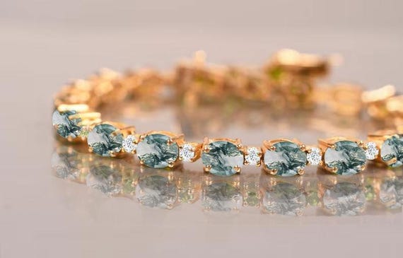 Moss Agate Tennis Bracelet – Sterling Silver Oval Gemstone Bracelet