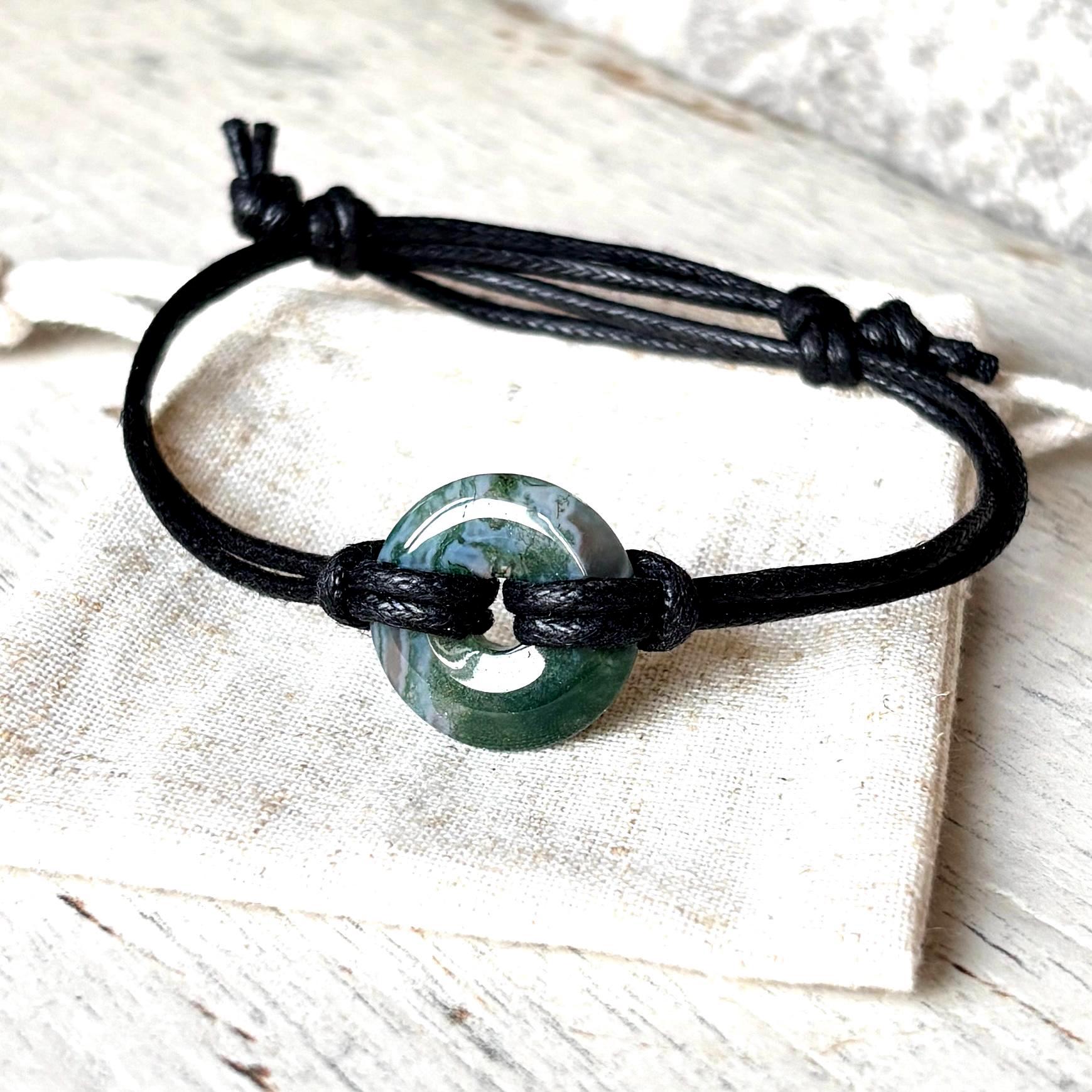 Tree Agate Adjustable Pi Stone Bracelet, Moss Agate Leather Or Vegan Cord, Gift For Him Tree Agate Adjustable Pi Stone Bracelet, Moss Agate Leather Or Vegan Cord, Gift For Him