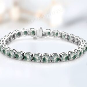 Unique Moss Agate Tennis Bracelet For Women 925 Sterling Silver Moss Agate Wedding Bracelet Vintage Round Cut Gemstone Bracelet Gift For Her
