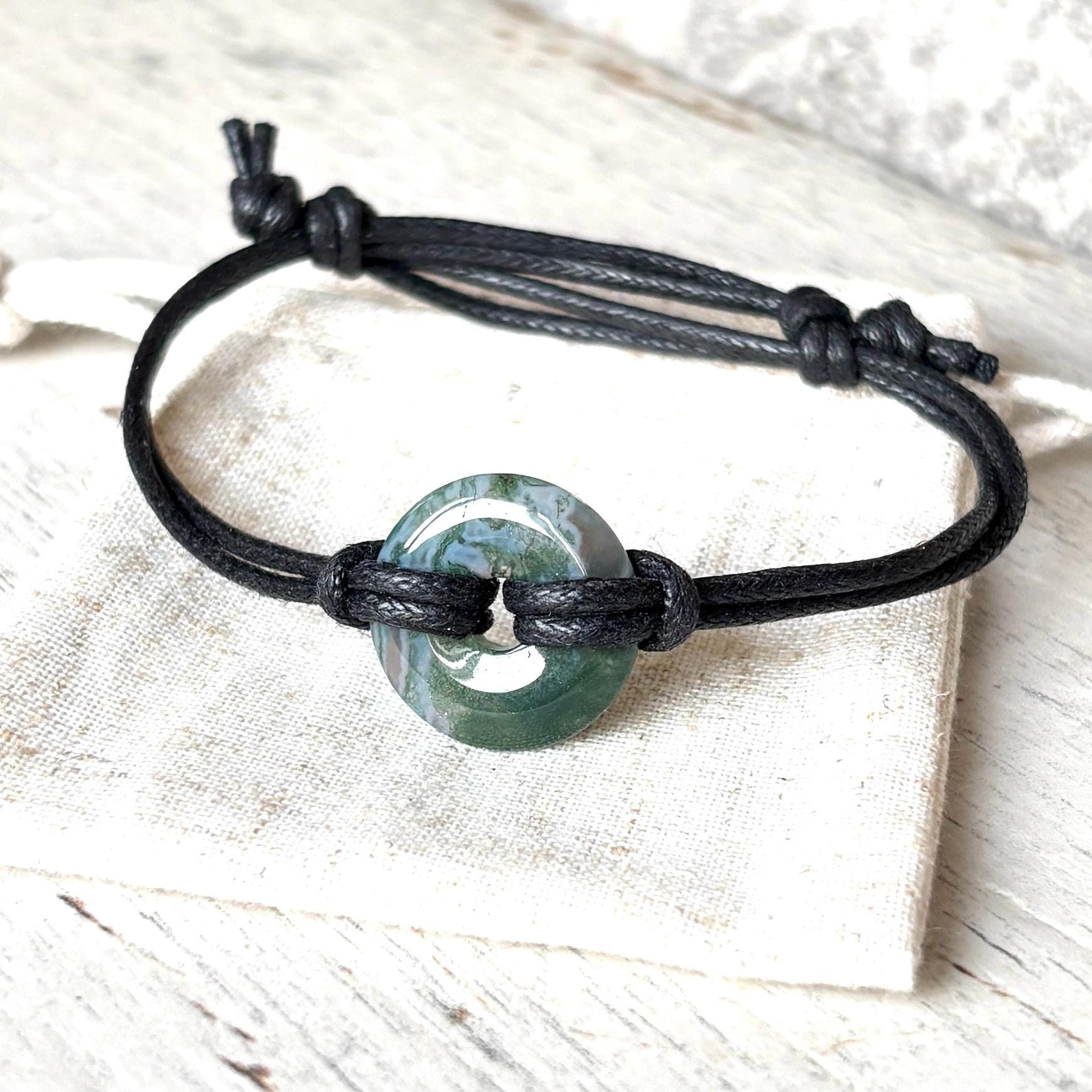 Moss Agate Bracelet: Vegan Cord, Adjustable Grounding Jewelry