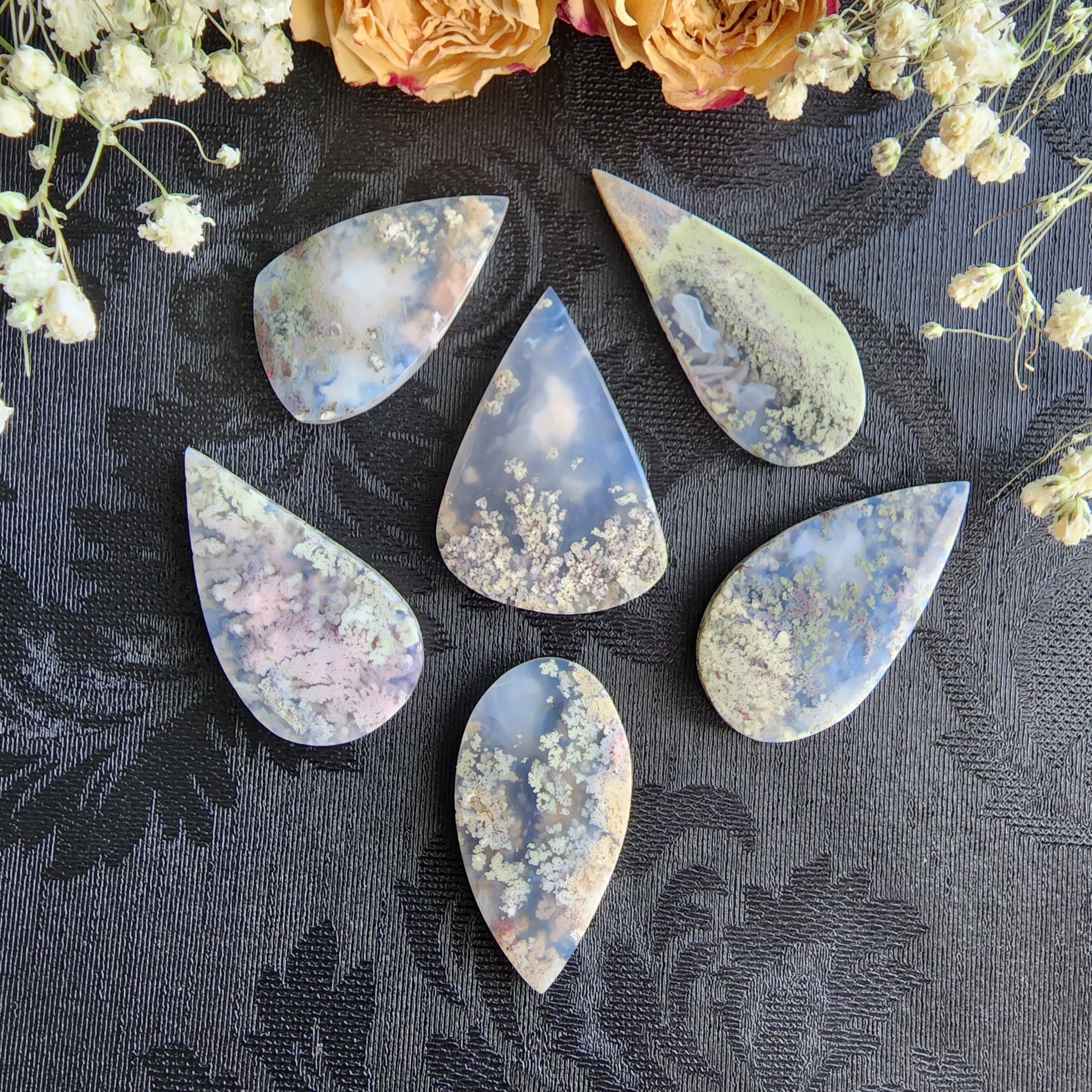 Asymmetrical Teardrop Moss Agate Cabochon, Choose Your Indonesian Gemstone For Jewelry Making Or Crystal Grids Asymmetrical Teardrop Moss Agate Cabochon, Choose Your Indonesian Gemstone For Jewelry Making Or Crystal Grids