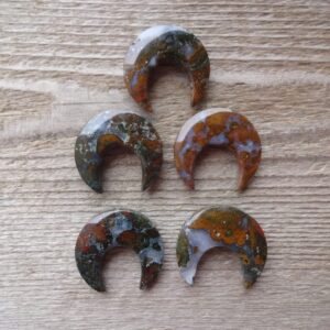 Indonesian Green Moss Agate Crescent Moon Cabochon 30x30mm, For Jewelry Making