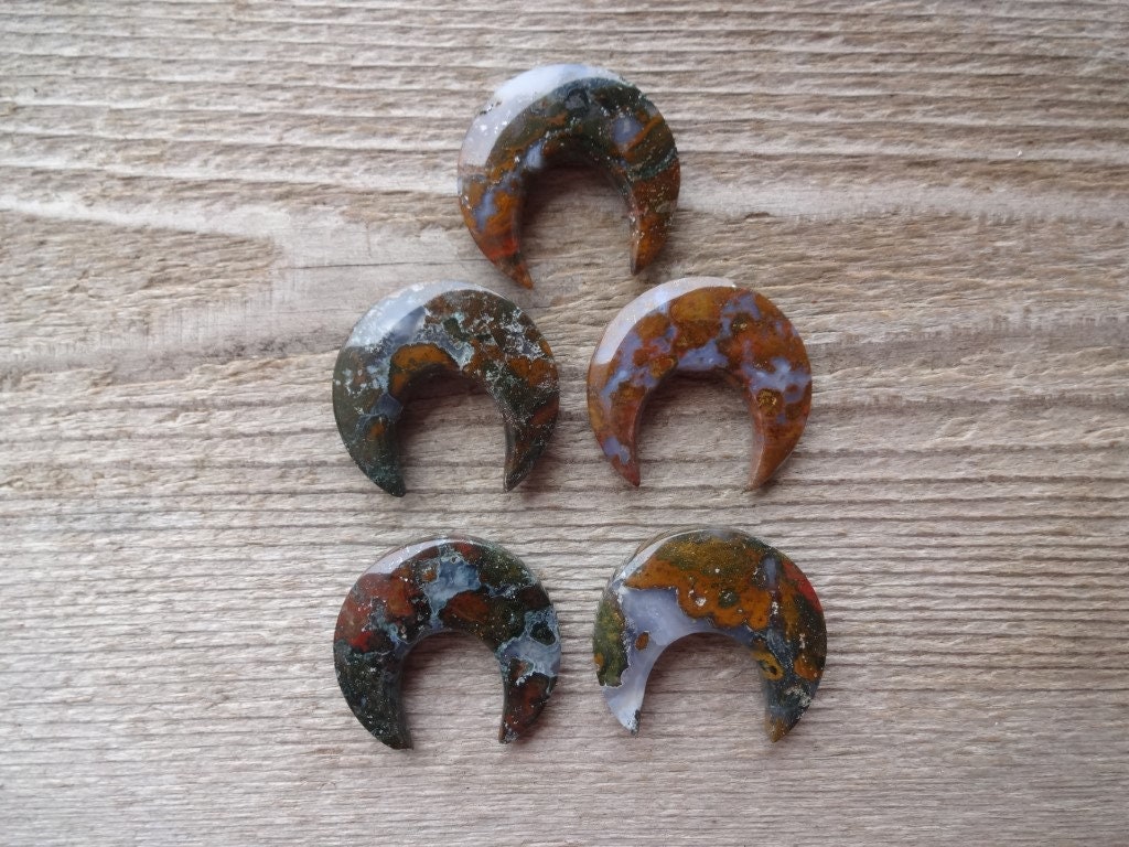 Indonesian Green Moss Agate Crescent Moon Cabochon 30x30mm, For Jewelry Making