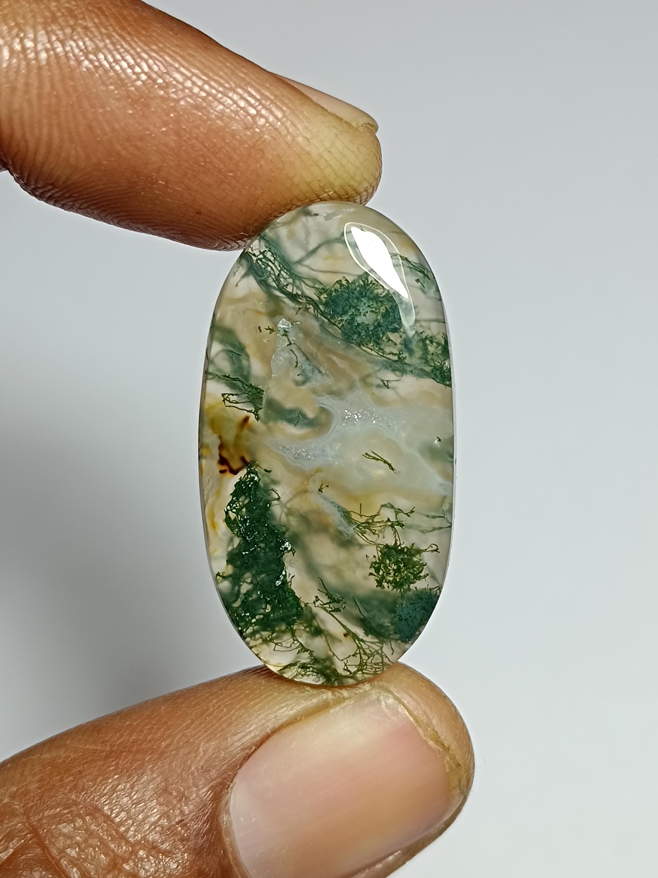 Moss Agate Cabochon: Loose Gemstone For Jewelry Making (25cts, 31x17mm) Moss Agate Cabochon: Loose Gemstone For Jewelry Making (25cts, 31x17mm)