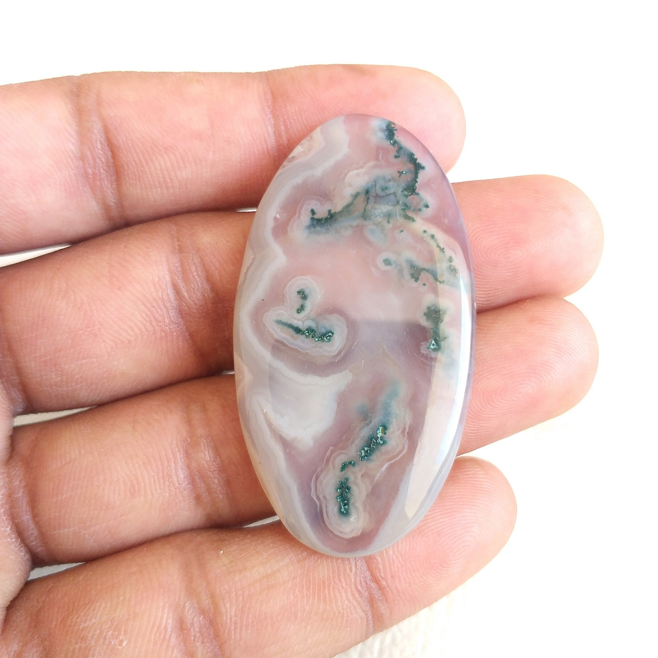 Oval Moss Agate Cabochon: 51x27x4 Mm Gemstone Pendant