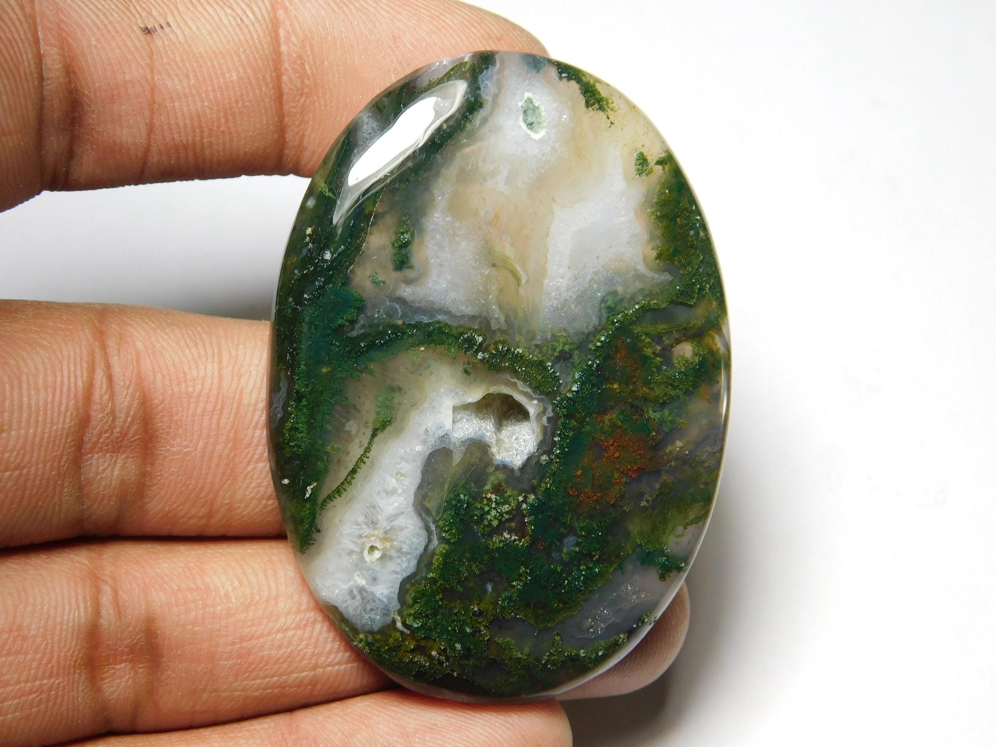Oval Moss Agate Cabochon, Semi Precious Gemstone (53x38 Mm)