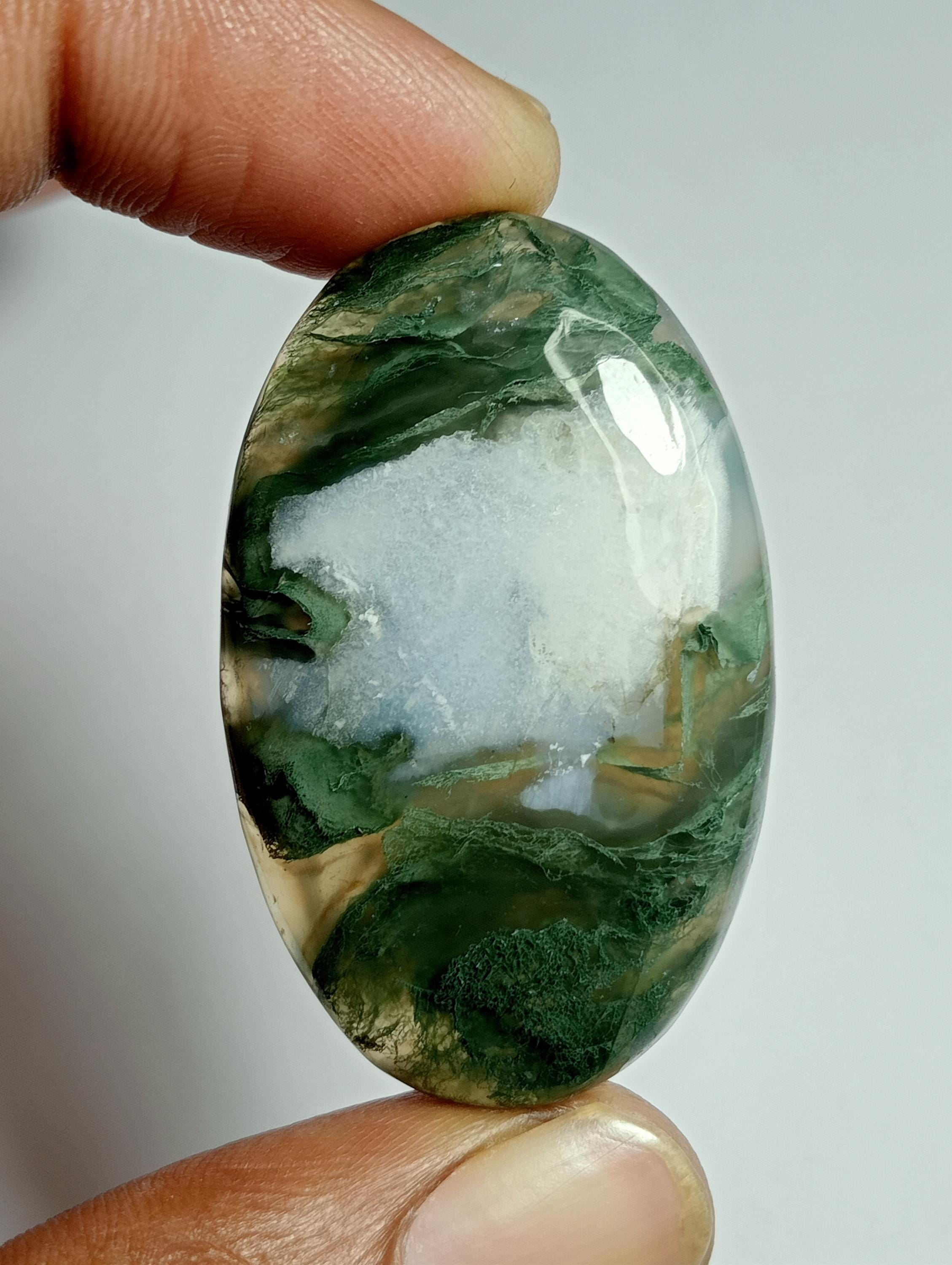 Moss Agate Cabochon: Semi Precious Gemstone For Jewelry Making (43x27mm, 76cts.) Moss Agate Cabochon: Semi Precious Gemstone For Jewelry Making (43x27mm, 76cts.)