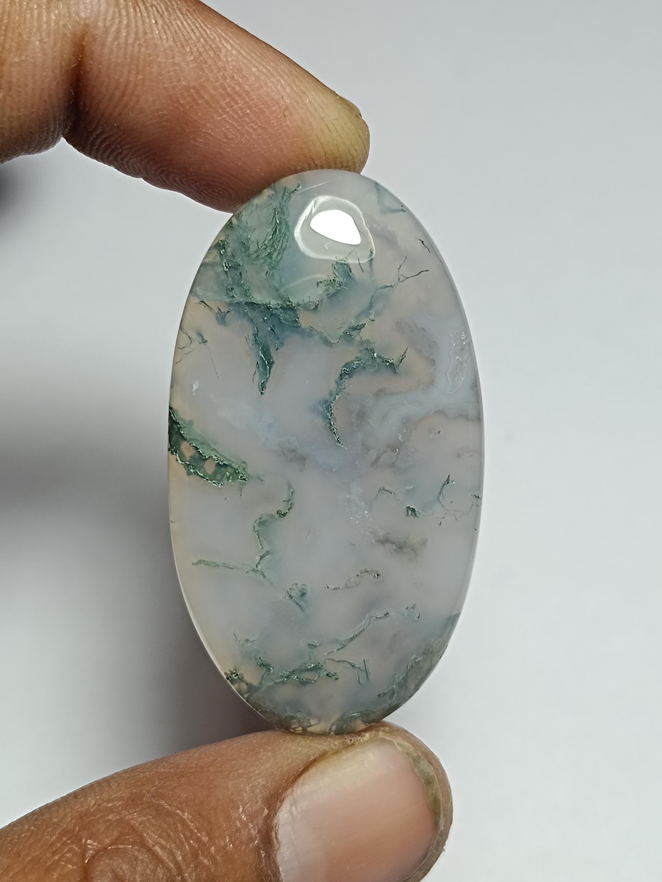 Moss Agate Cabochon: Semi Precious Gemstone For Jewelry Making (45x25mm, 61cts.) Moss Agate Cabochon: Semi Precious Gemstone For Jewelry Making (45x25mm, 61cts.)
