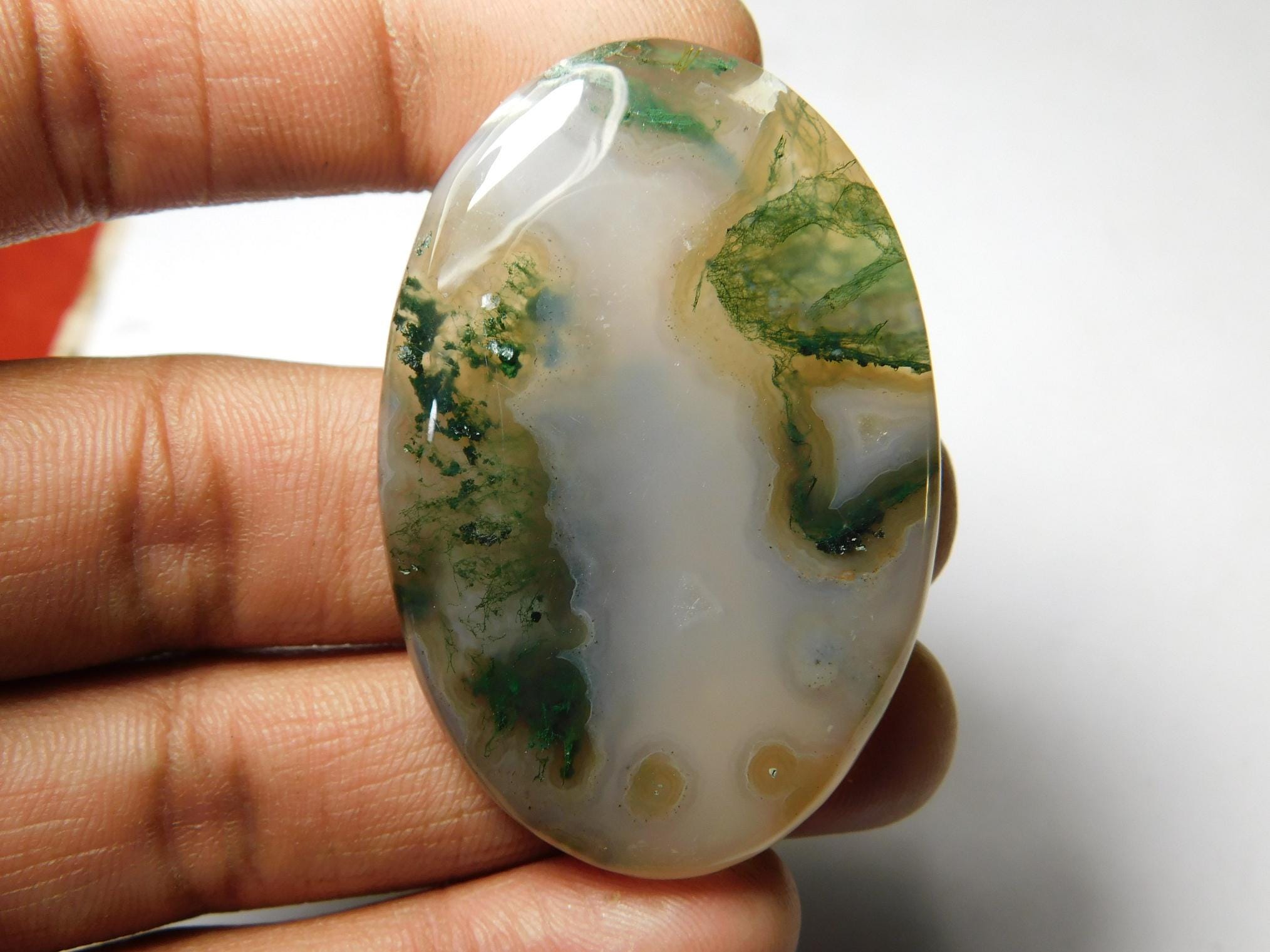 Moss Agate Cabochon: Semi Precious Loose Stone, 104 Cts (52x34 Mm) Moss Agate Cabochon: Semi Precious Loose Stone, 104 Cts (52x34 Mm)