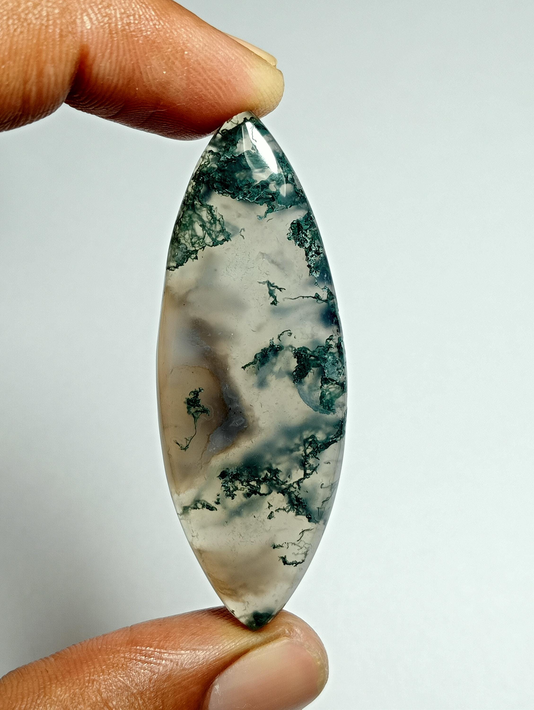 Moss Agate Cabochon: Semi Precious Gemstone For Jewelry Making (57x20mm, 54cts) #30 Moss Agate Cabochon: Semi Precious Gemstone For Jewelry Making (57x20mm, 54cts) #30