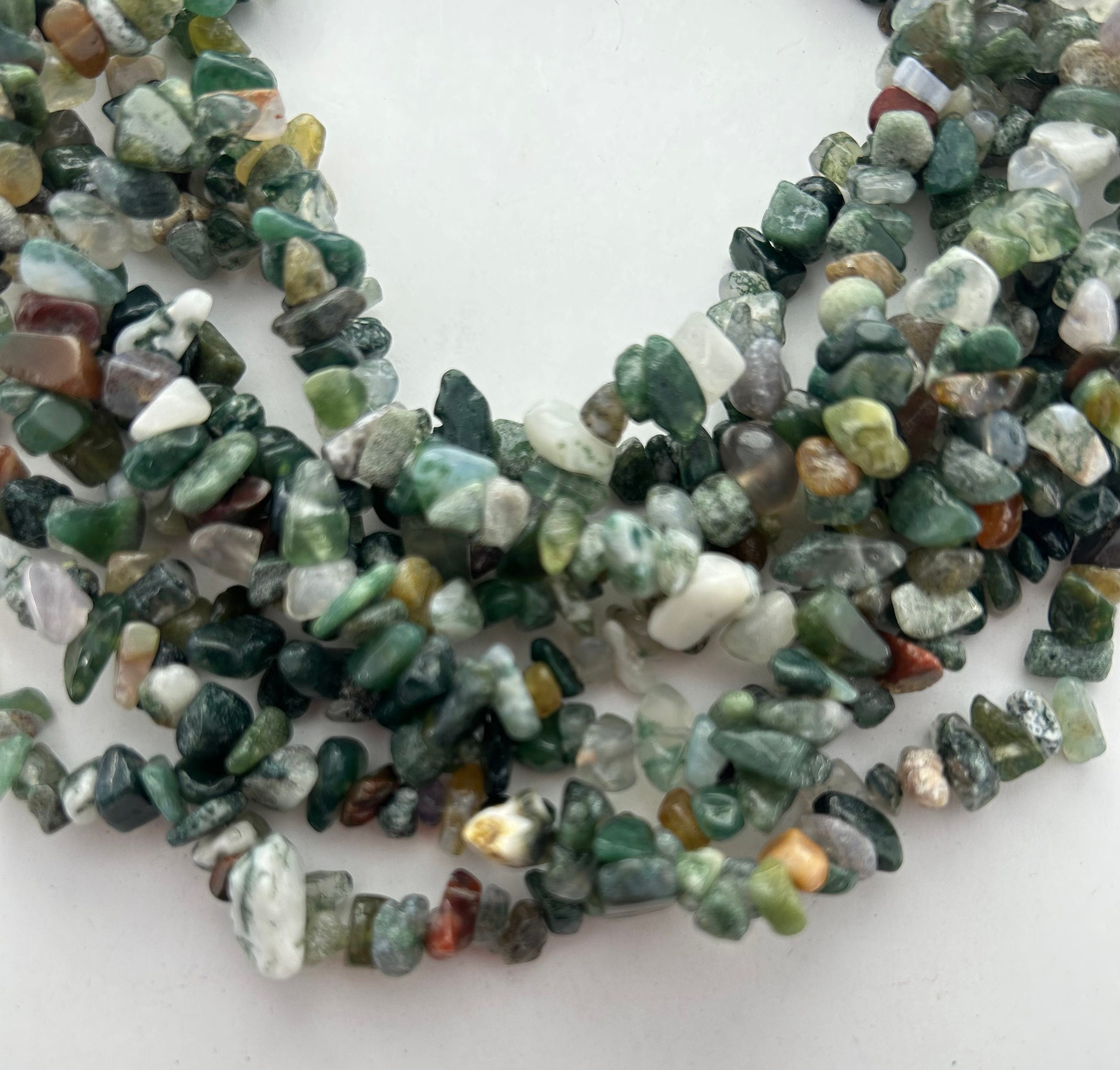 Moss Agate Gemstone Chip Beads. 36" Strand Of Green And White Gemstone Chips.