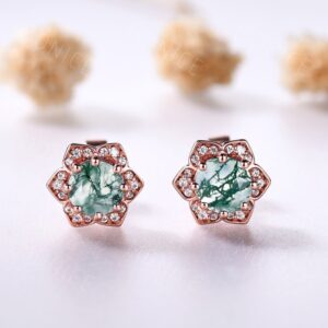 5mm Round Moss Agate Earrings Silver Rose Gold, Vintage round agate studs antique moissanite halo floral earring studs Jewelry gift for her 5mm Round Moss Agate Earrings Silver Rose Gold, Vintage round agate studs antique moissanite halo floral earring studs Jewelry gift for her