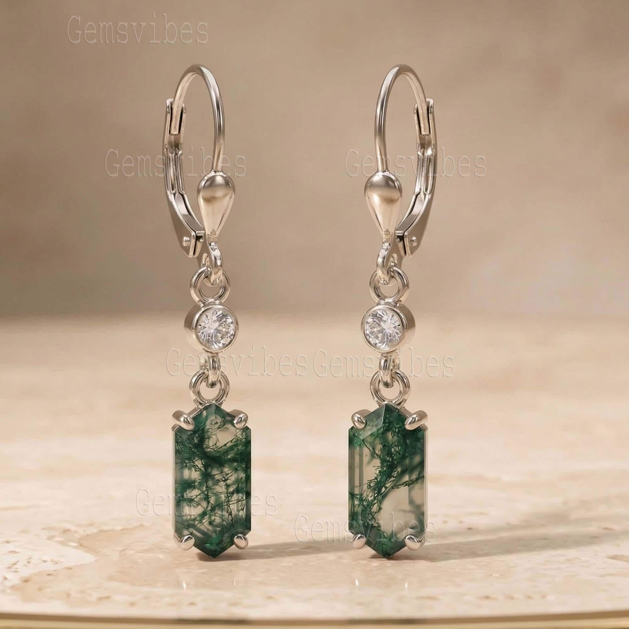 925 Sterling Silver Moss Agate Earring For Women Halo Desginer Minimalist Jewlery Hexagon Gemstone Agate Earring Wedding Gift For Her
