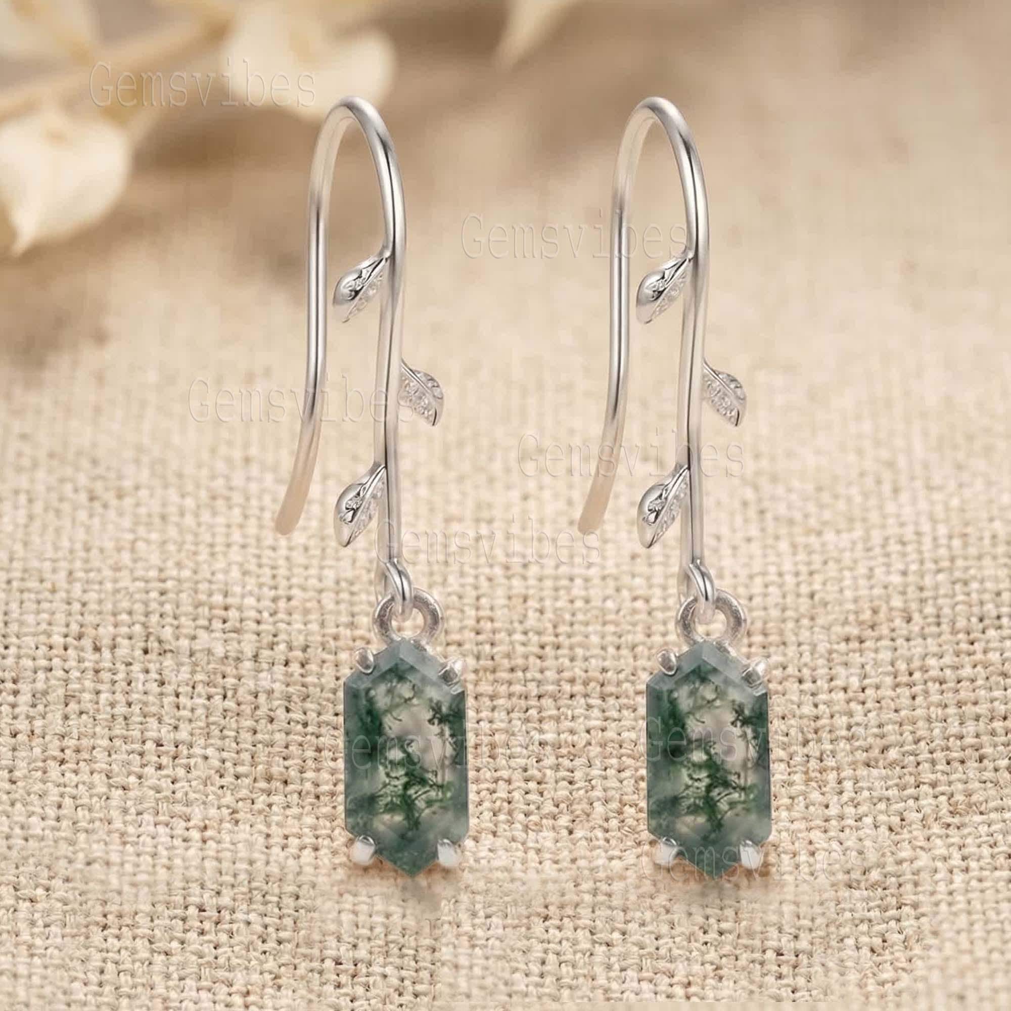 925 Sterling Silver Moss Agate Earring For Women Leaf Desginer Minimalist Jewlery Hexagon Gemstone Agate Earring Wedding Gift For Her