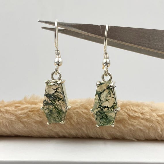 Moss Agate Coffin Earrings: Handmade 925 Sterling Silver Dangle Jewelry