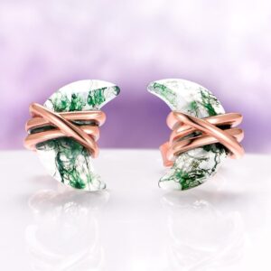 Crescent Moon Green Moss Agate Stud Earrings In 14k Rose Gold Vermeil- Moon Agate Wire Studs Unique Birthstone Jewelry- Fantasy Inspired Crescent Moon Green Moss Agate Stud Earrings In 14k Rose Gold Vermeil- Moon Agate Wire Studs Unique Birthstone Jewelry- Fantasy Inspired