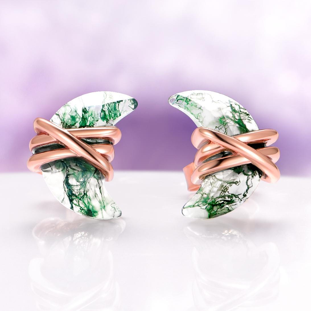 Crescent Moon Green Moss Agate Stud Earrings In 14k Rose Gold Vermeil- Moon Agate Wire Studs Unique Birthstone Jewelry- Fantasy Inspired Crescent Moon Green Moss Agate Stud Earrings In 14k Rose Gold Vermeil- Moon Agate Wire Studs Unique Birthstone Jewelry- Fantasy Inspired