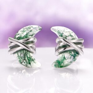 Crescent Moon Green Moss Agate Stud Earrings In 925 Sterling Silver- Moon Agate Wire Studs Unique Birthstone Jewelry- Fantasy Inspired Crescent Moon Green Moss Agate Stud Earrings In 925 Sterling Silver- Moon Agate Wire Studs Unique Birthstone Jewelry- Fantasy Inspired