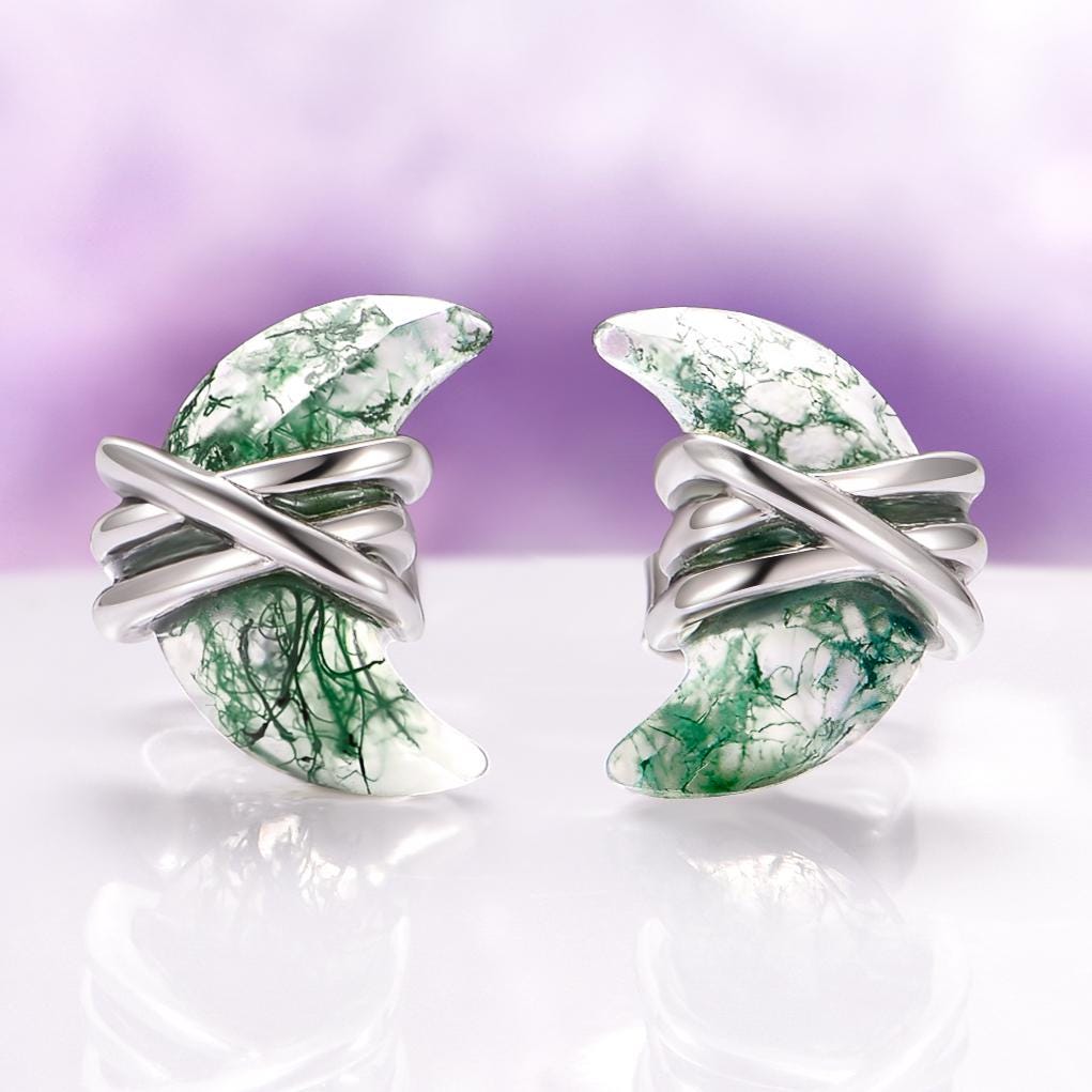 Crescent Moon Green Moss Agate Stud Earrings In 925 Sterling Silver- Moon Agate Wire Studs Unique Birthstone Jewelry- Fantasy Inspired